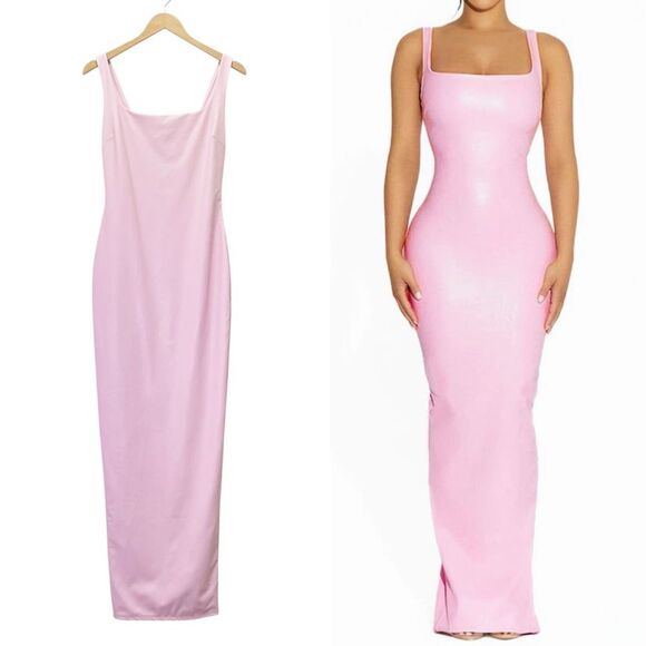 NWT Naked Wardrobe Pink Faux Leather Maxi Tank Dress Size Medium Fitted Bodycon - Picture 16 of 16